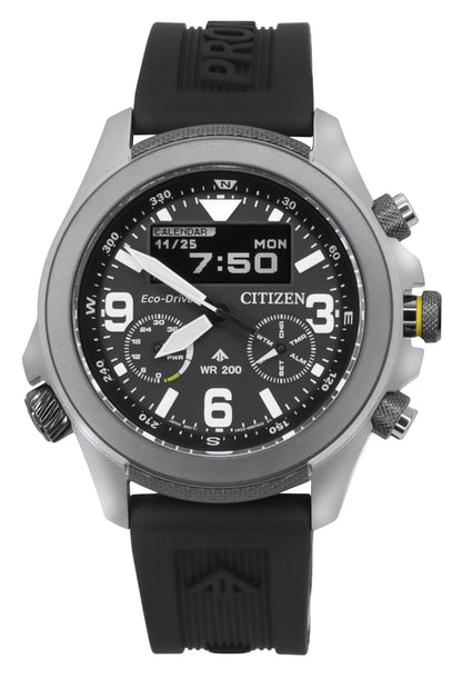 Citizen Promaster Land Chronograph function Black Male JV1007-07E. A brand-new Citizen Promaster watch featuring a Black dial. Angled view.