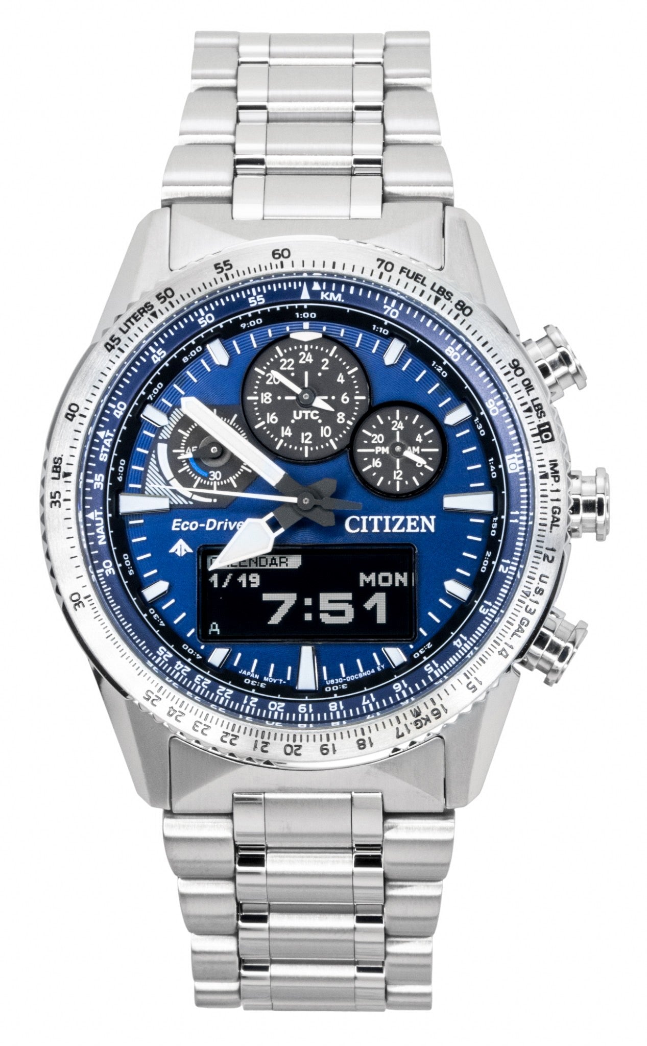 Citizen Promaster Chronograph Stainless Steel Blue Dial. A brand-new Citizen Promaster watch featuring a N/A dial and a Stainless steel strap. Front view.