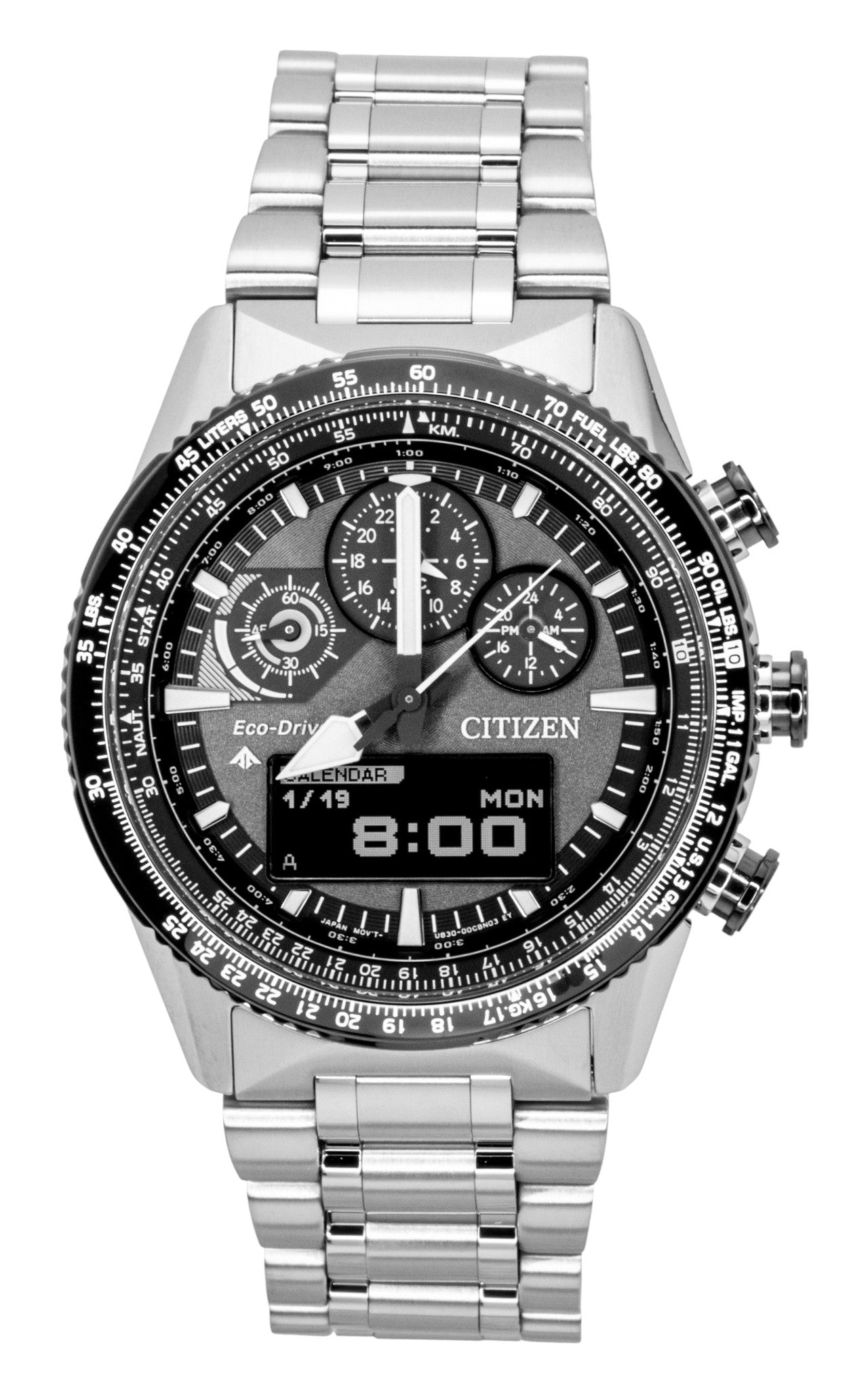 Citizen Promaster Skyhawk Eco-Drive Chronograph Stainless. A brand-new Citizen Promaster watch featuring a Grey dial and a Stainless steel strap. Angled view.
