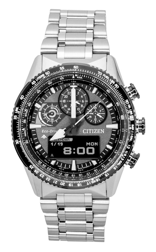 Citizen Promaster Skyhawk Eco-Drive Chronograph Stainless. A brand-new Citizen Promaster watch featuring a N/A dial and a Stainless steel strap. Side view.