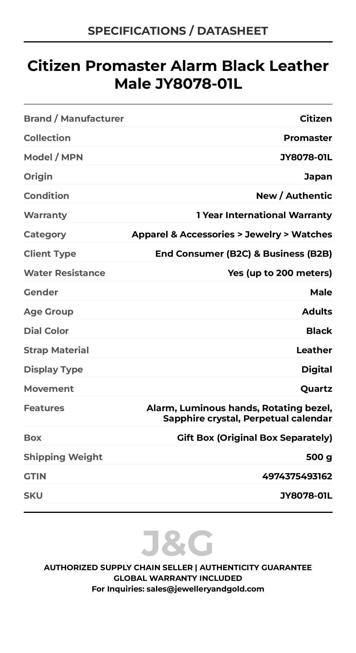 Citizen Promaster Alarm Black Leather Male JY8078-01L - Specifications