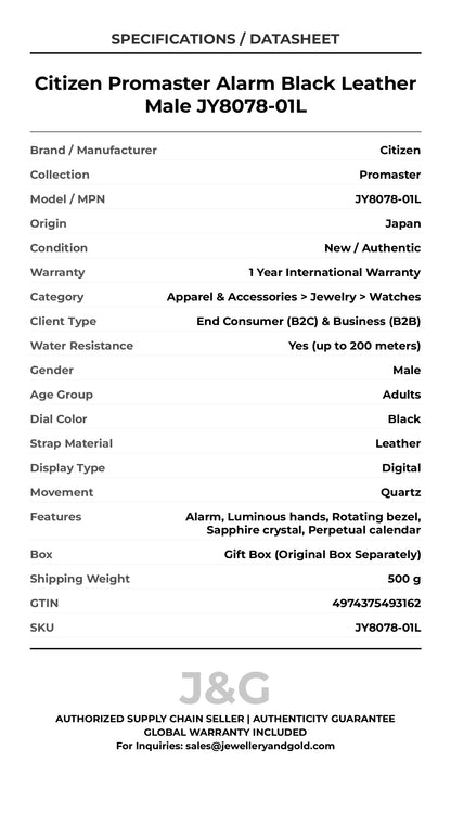 Citizen Promaster Alarm Black Leather Male JY8078-01L - Specifications