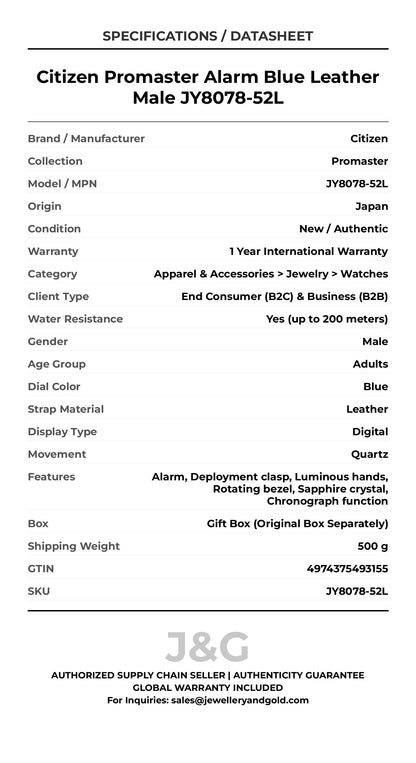 Citizen Promaster Alarm Blue Leather Male JY8078-52L - Specifications
