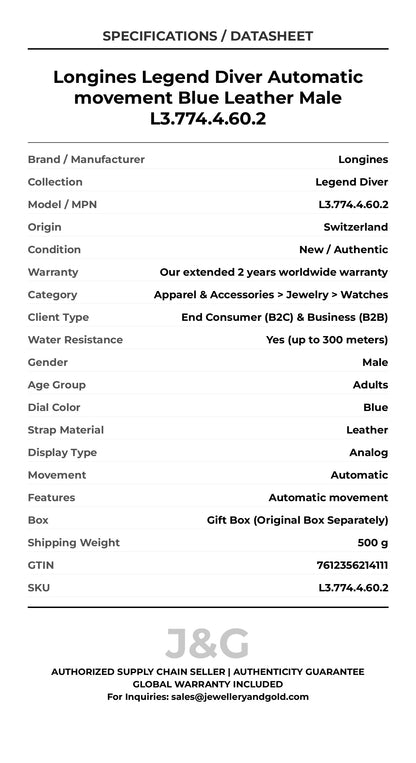 Longines Legend Diver Automatic movement Blue Leather Male L3.774.4.60.2 - Specifications