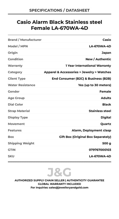Casio Alarm Black Stainless steel Female LA-670WA-4D - Specifications