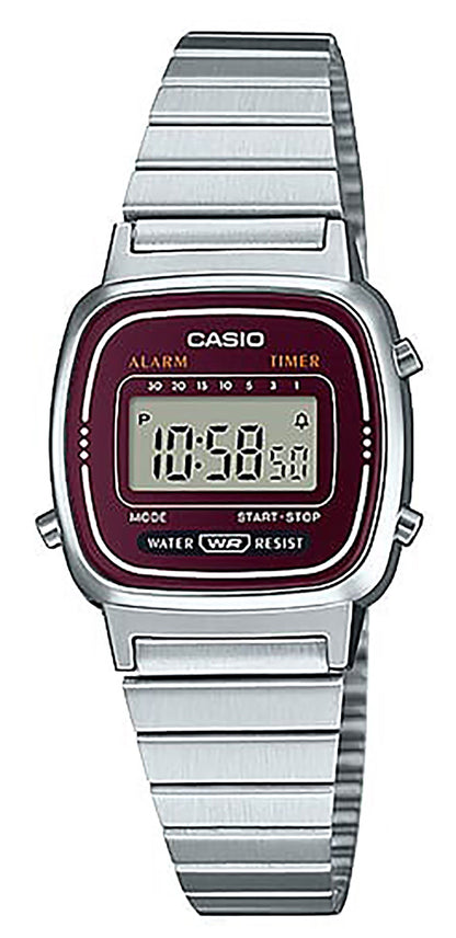 Casio Alarm Black Stainless steel Female LA-670WA-4D. A brand-new Casio watch featuring a Black dial and a Stainless steel strap. Front view.