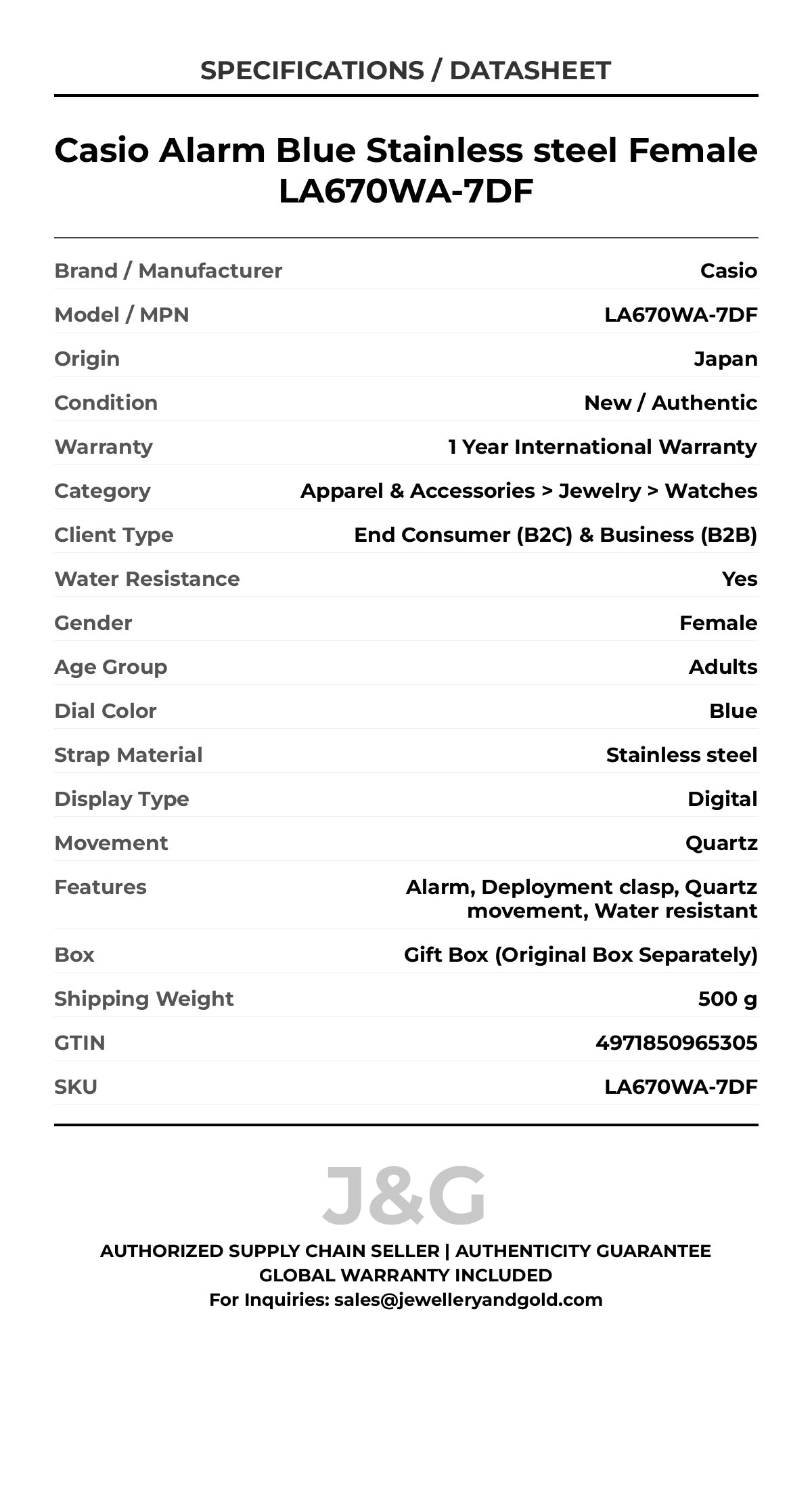 Casio Alarm Blue Stainless steel Female LA670WA-7DF - Specifications