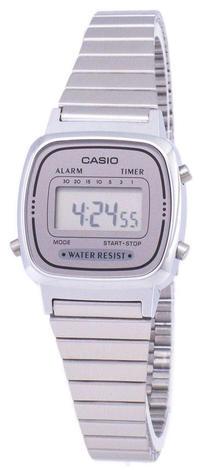 Casio Alarm Blue Stainless steel Female LA670WA-7DF. A brand-new Casio watch featuring a Blue dial and a Stainless steel strap. Angled view.