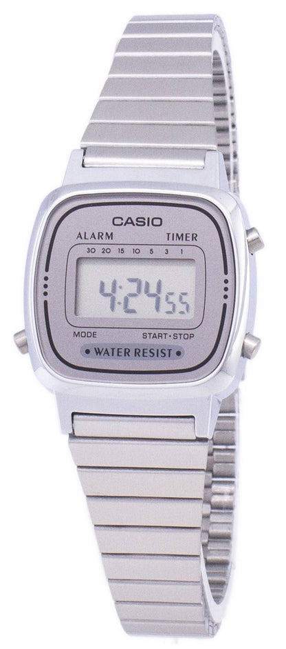 Casio Alarm Blue Stainless steel Female LA670WA-7DF. A brand-new Casio watch featuring a Blue dial and a Stainless steel strap. Angled view.