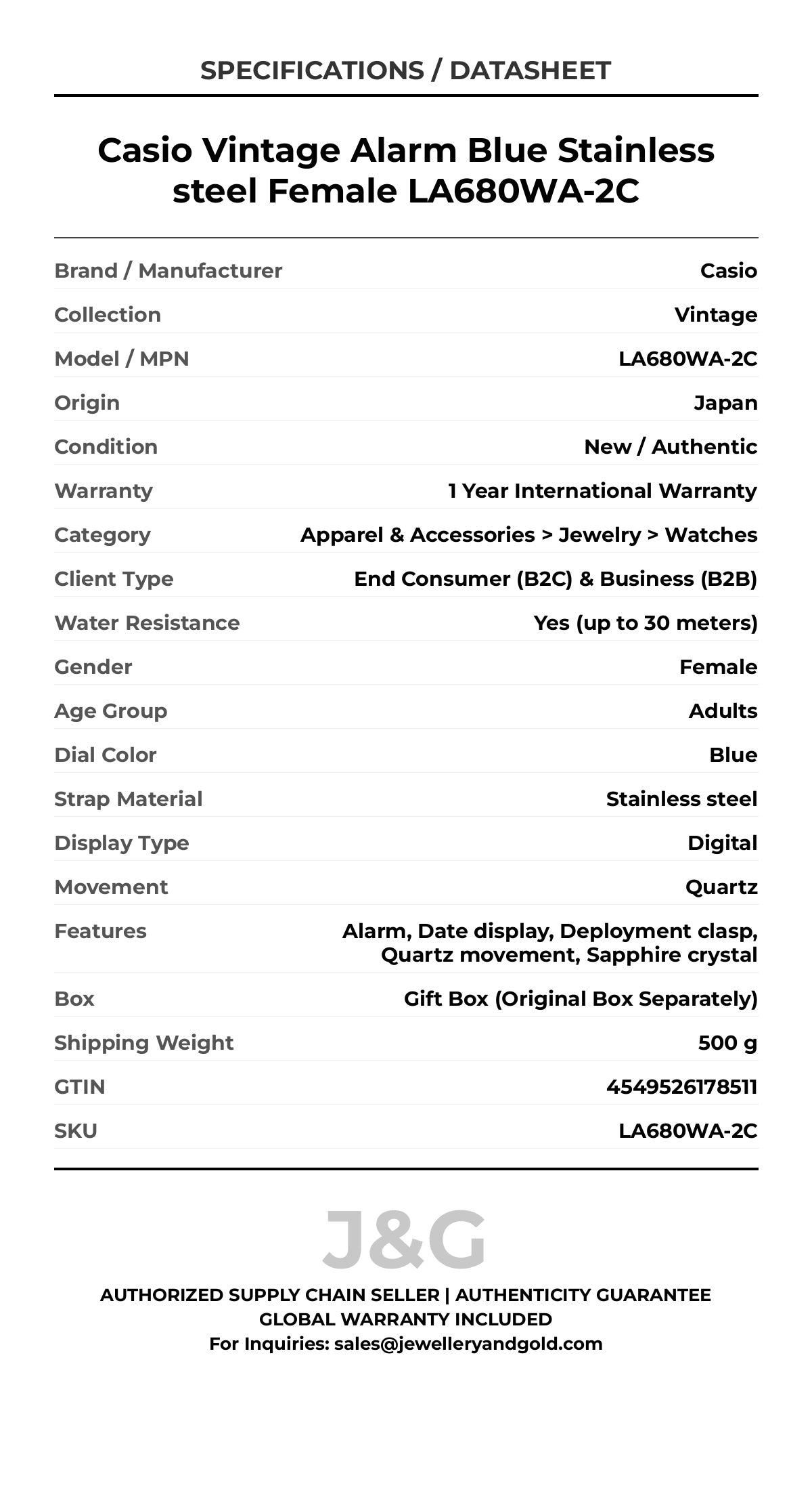 Casio Vintage Alarm Blue Stainless steel Female LA680WA-2C - Specifications