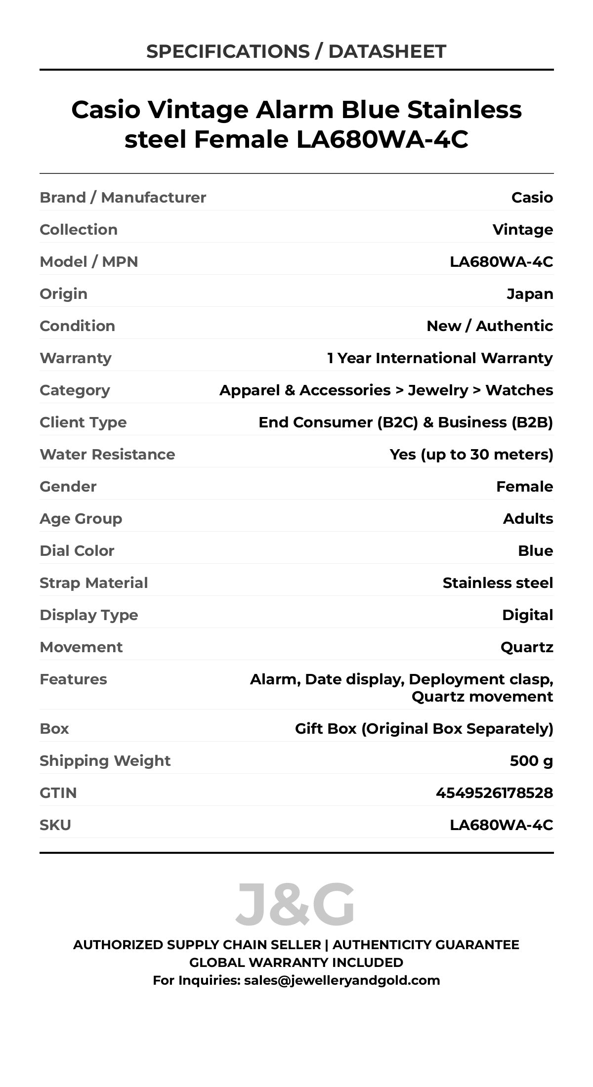 Casio Vintage Alarm Blue Stainless steel Female LA680WA-4C - Specifications