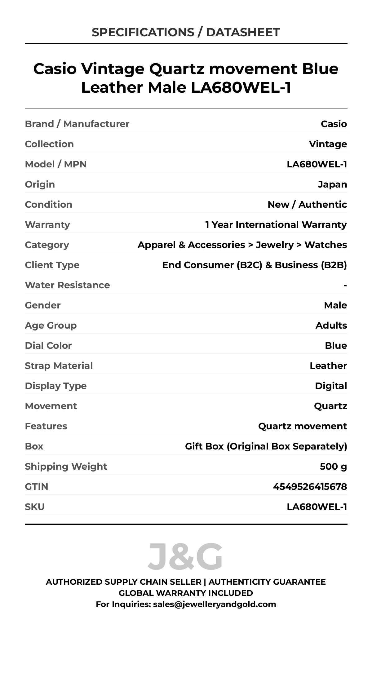 Casio Vintage Quartz movement Blue Leather Male LA680WEL-1 - Specifications