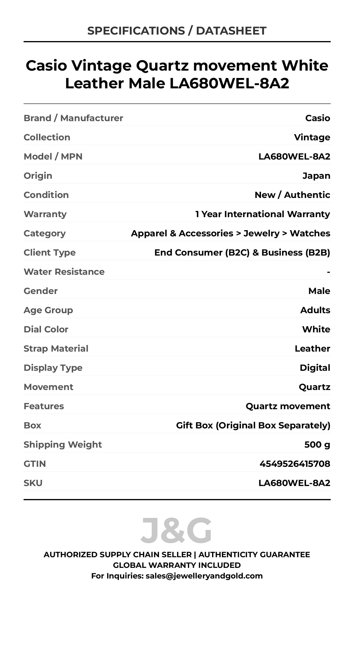 Casio Vintage Quartz movement White Leather Male LA680WEL-8A2 - Specifications