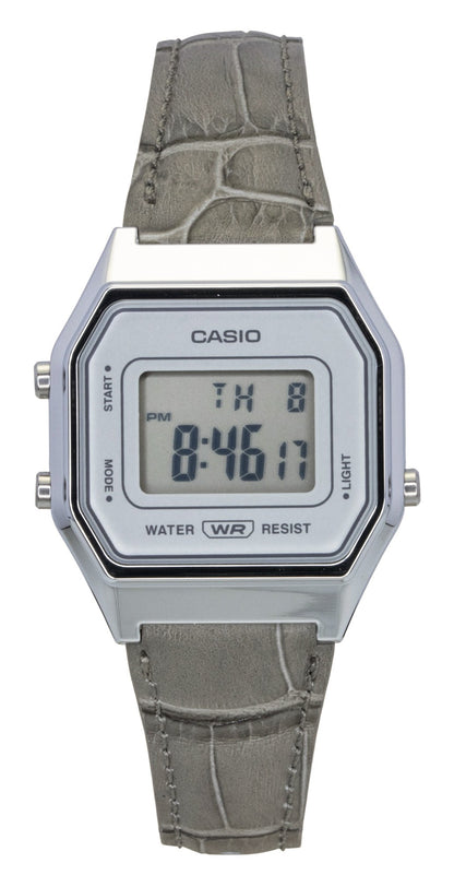 Casio Vintage Quartz movement White Leather Male LA680WEL-8A2. A brand-new Casio Vintage watch featuring a White dial and a Leather strap. Side view.