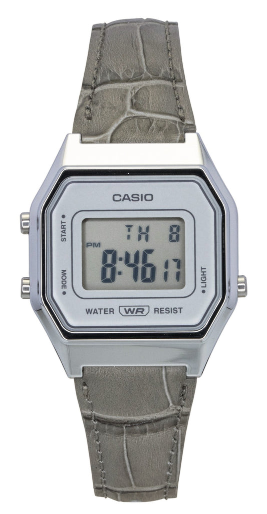 Casio Vintage Quartz movement White Leather Male LA680WEL-8A2. A brand-new Casio Vintage watch featuring a White dial and a Leather strap. Side view.