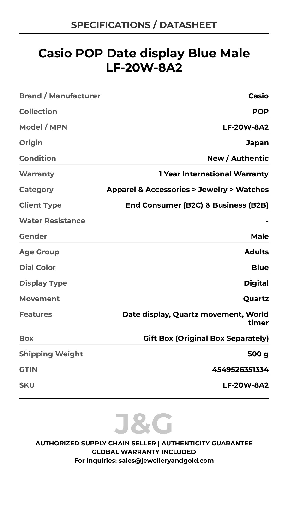 Casio POP Date display Blue Male LF-20W-8A2 - Specifications