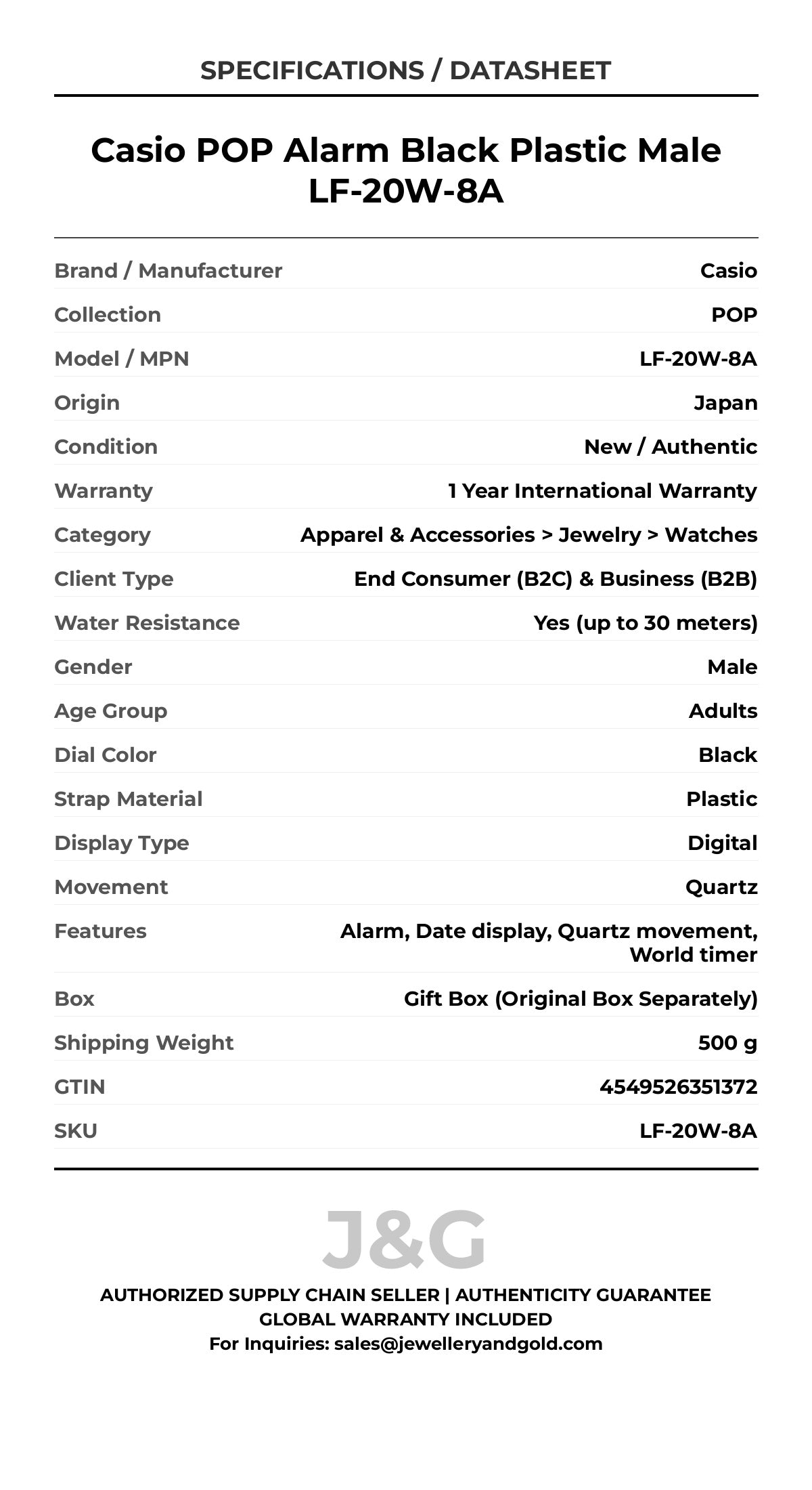 Casio POP Alarm Black Plastic Male LF-20W-8A - Specifications