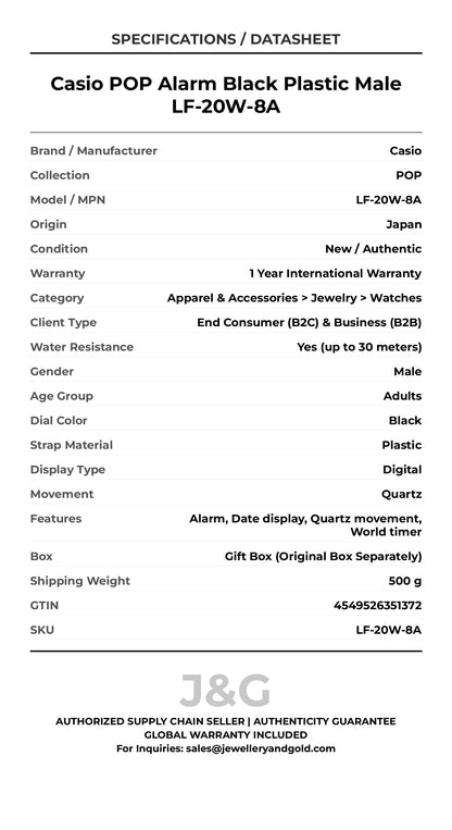 Casio POP Alarm Black Plastic Male LF-20W-8A - Specifications