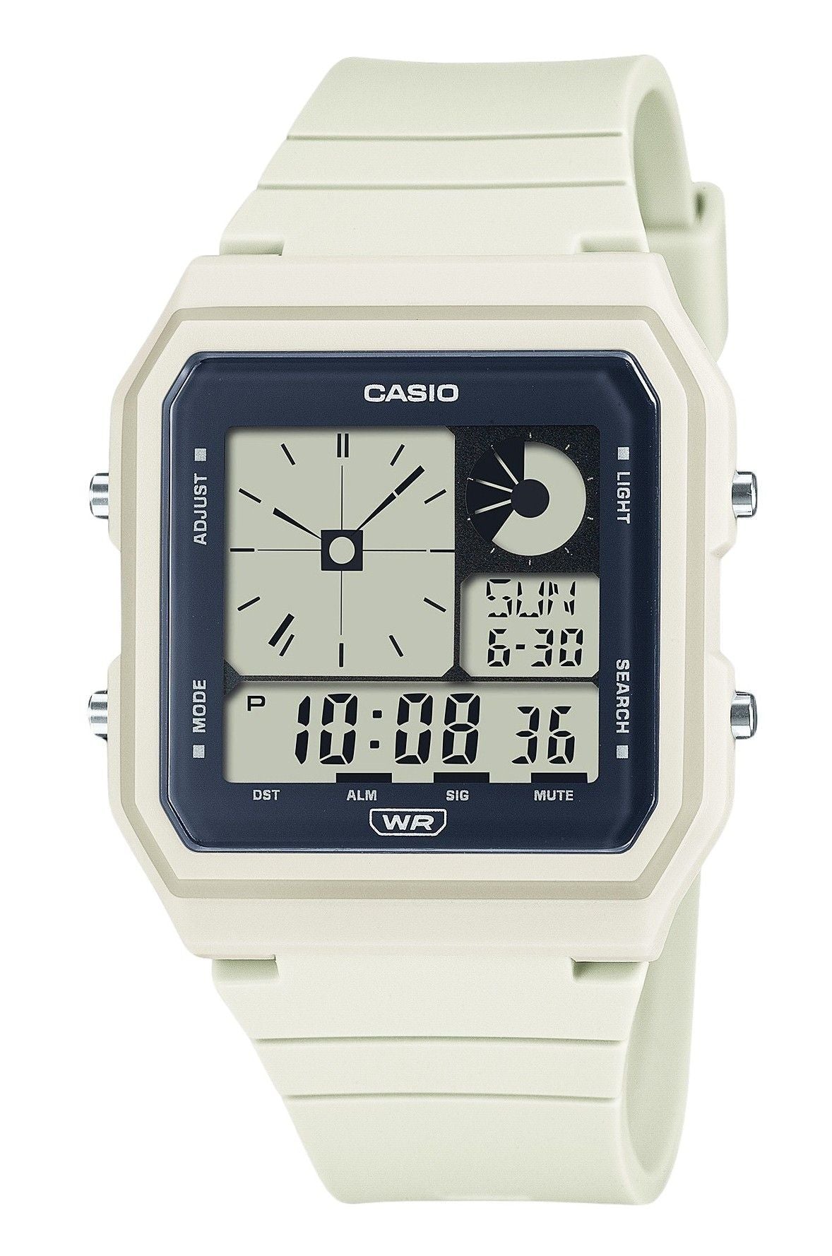 Casio POP Alarm Black Plastic Male LF-20W-8A. A brand-new Casio POP watch featuring a Black dial and a Plastic strap. Angled view.