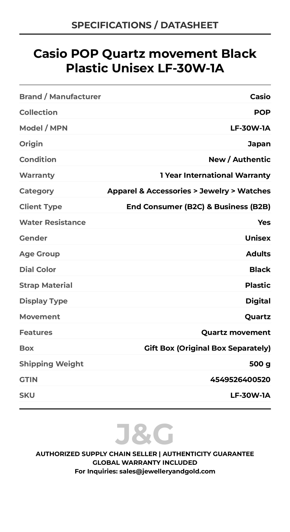 Casio POP Quartz movement Black Plastic Unisex LF-30W-1A - Specifications