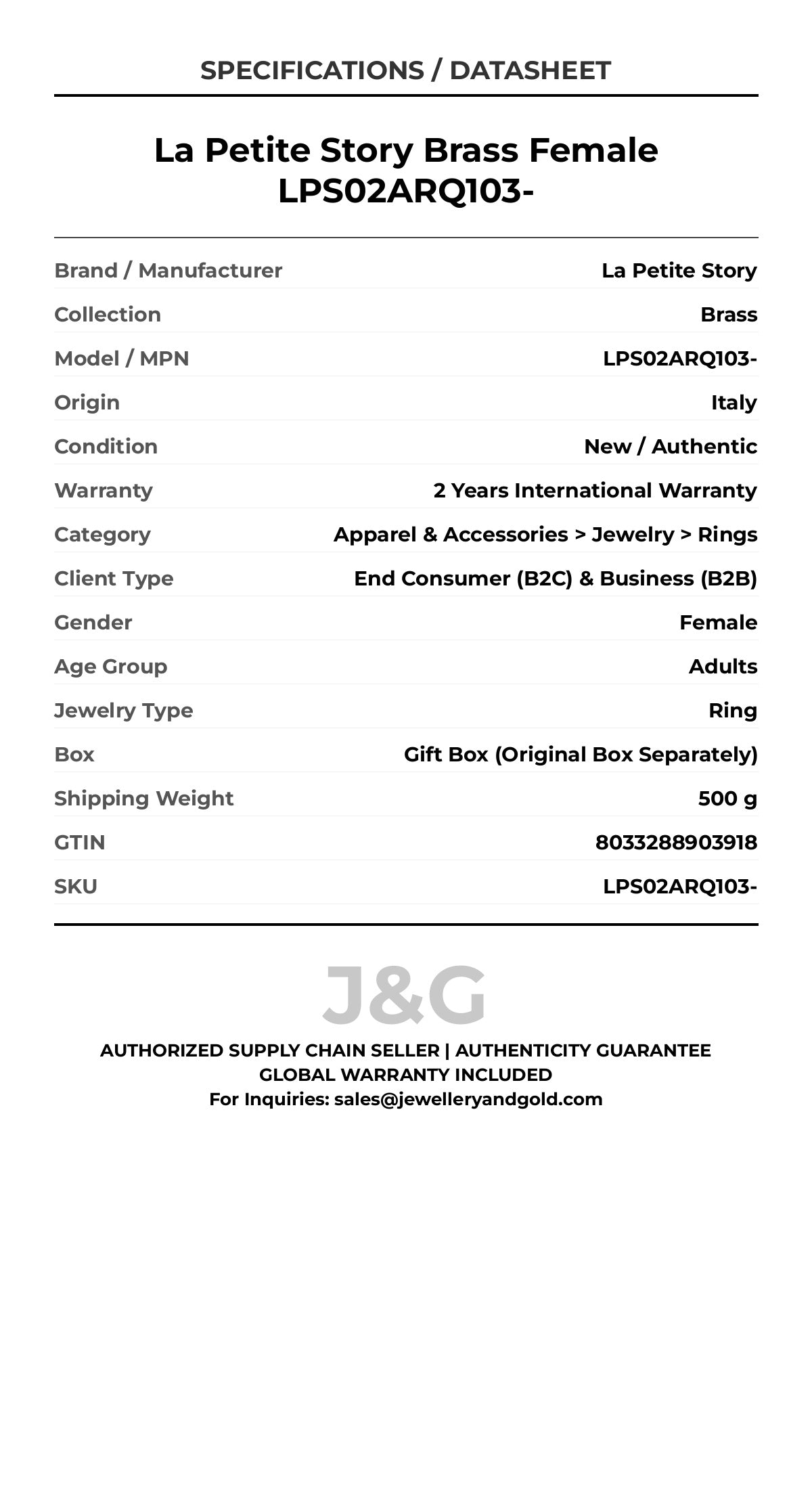 La Petite Story Brass Female LPS02ARQ103- - Specifications