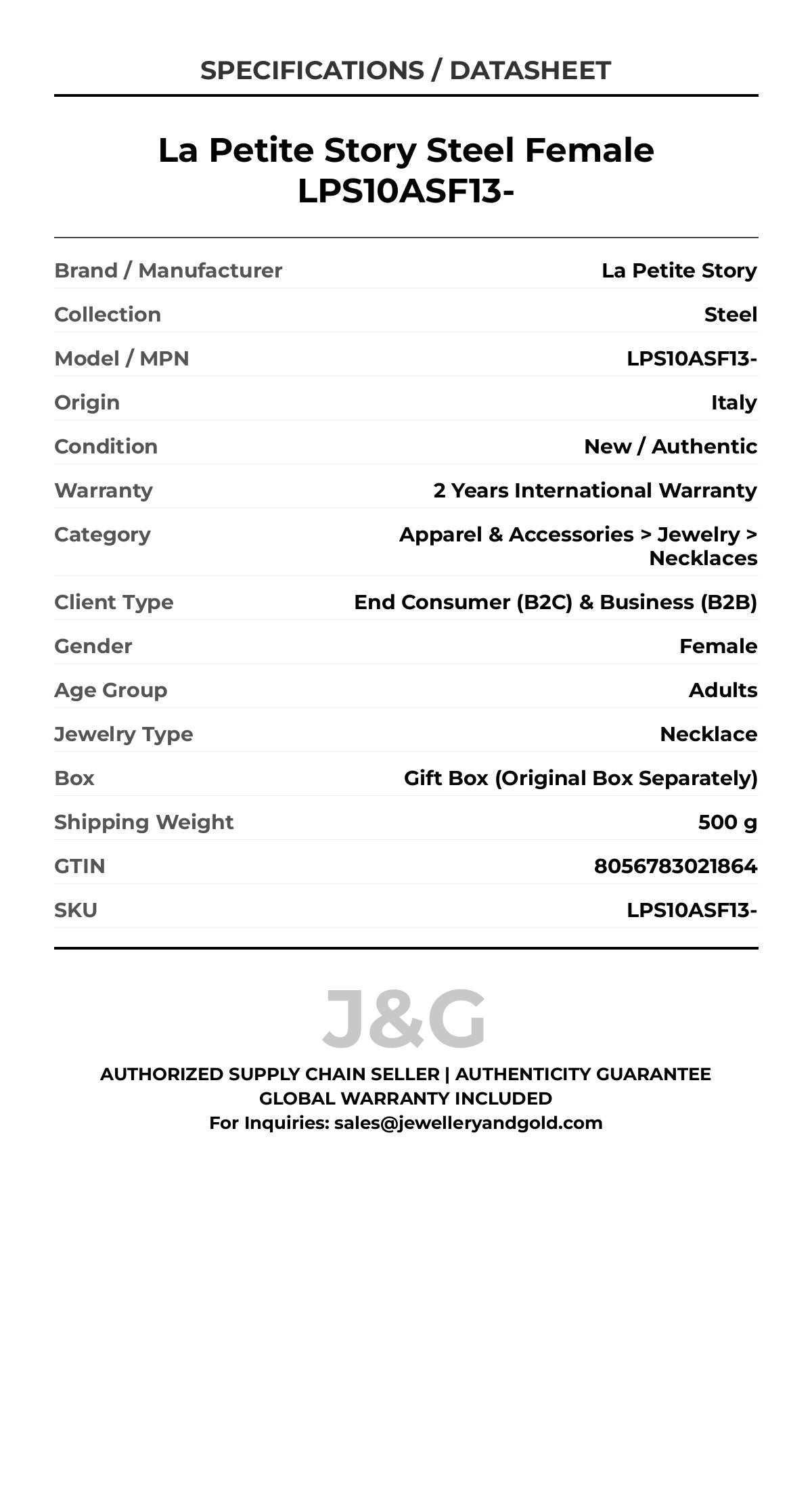 La Petite Story Steel Female LPS10ASF13- - Specifications