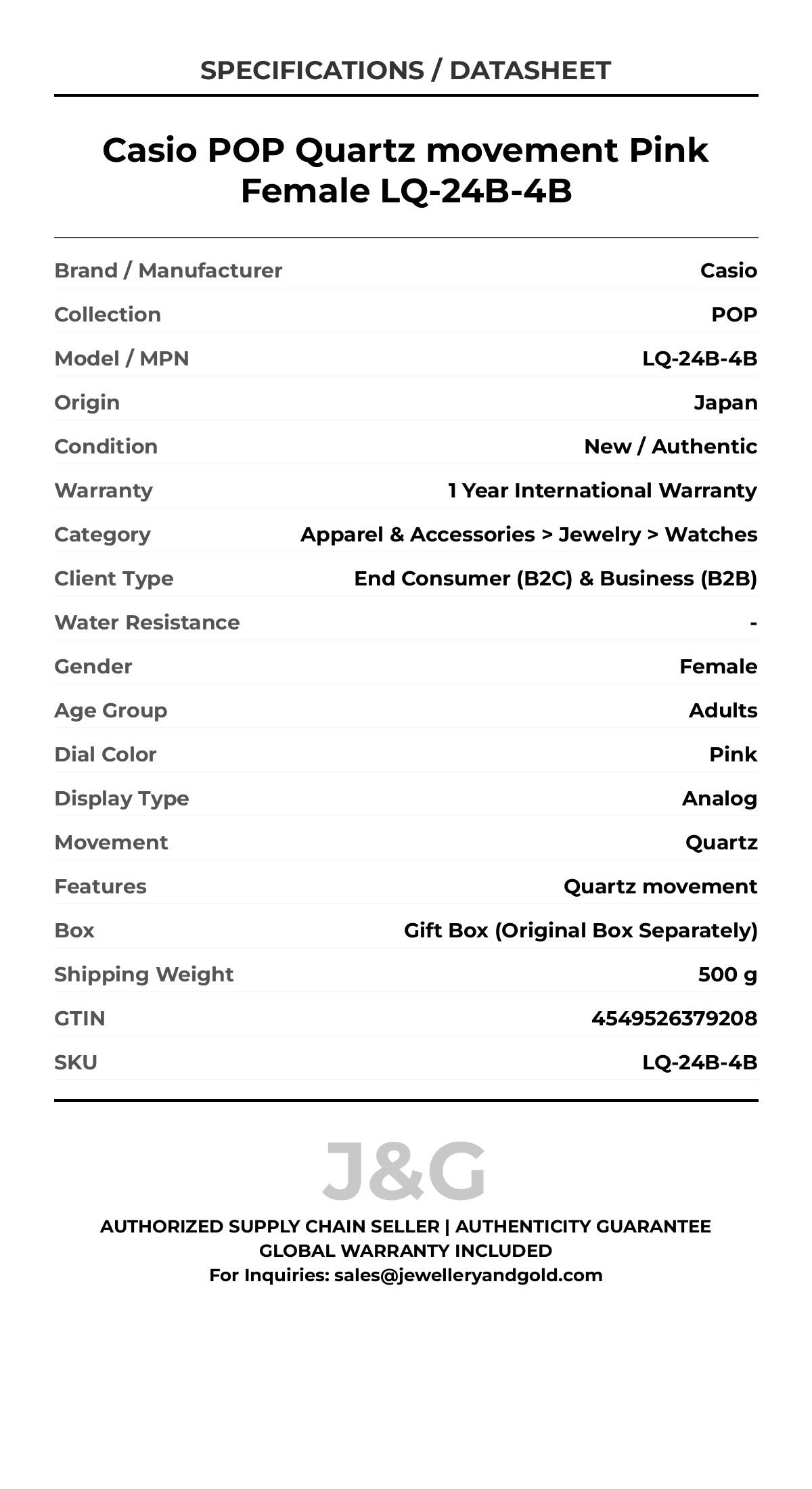 Casio POP Quartz movement Pink Female LQ-24B-4B - Specifications