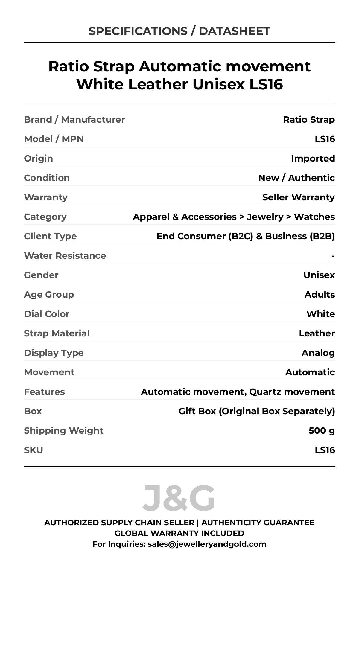 Ratio Strap Automatic movement White Leather Unisex LS16 - Specifications