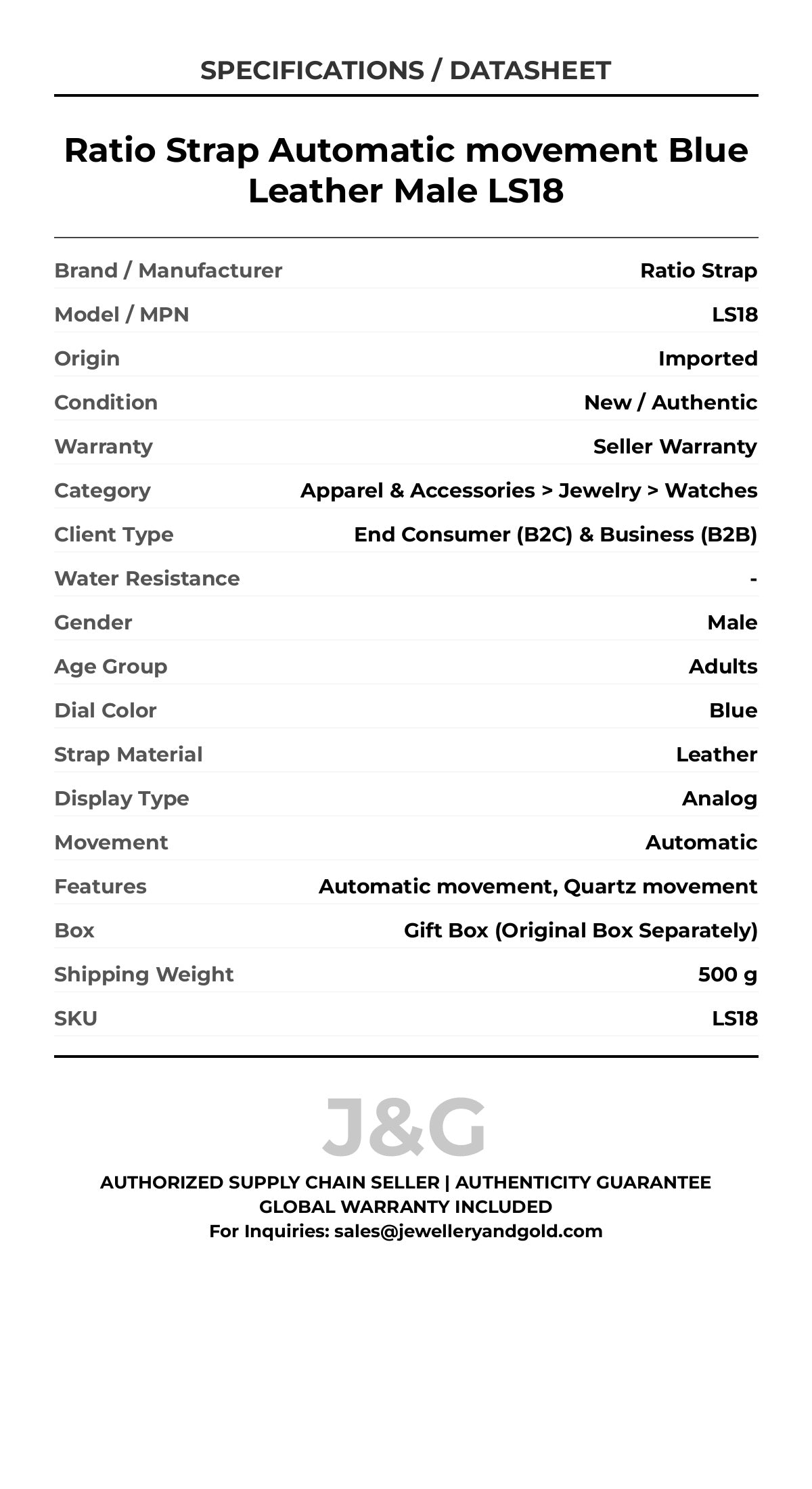 Ratio Strap Automatic movement Blue Leather Male LS18 - Specifications