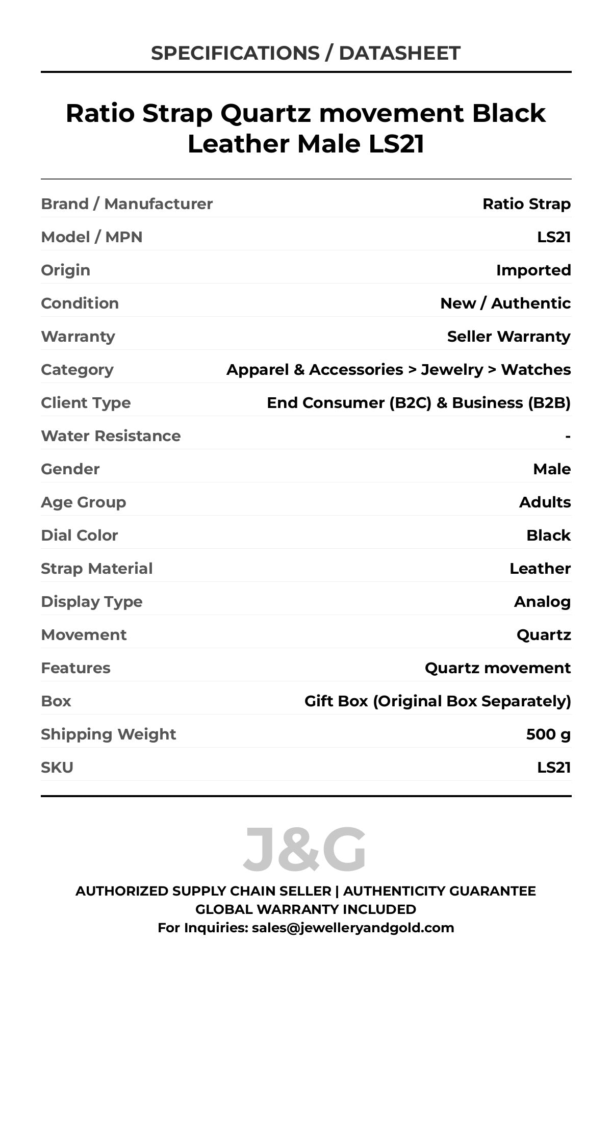 Ratio Strap Quartz movement Black Leather Male LS21 - Specifications