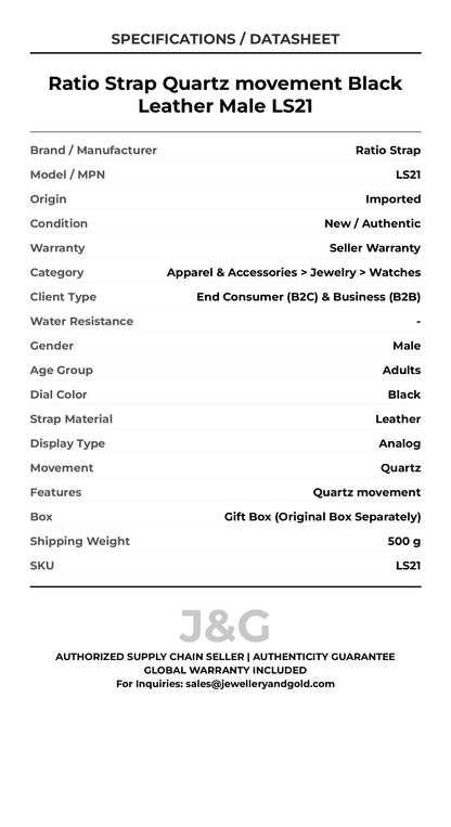 Ratio Strap Quartz movement Black Leather Male LS21 - Specifications