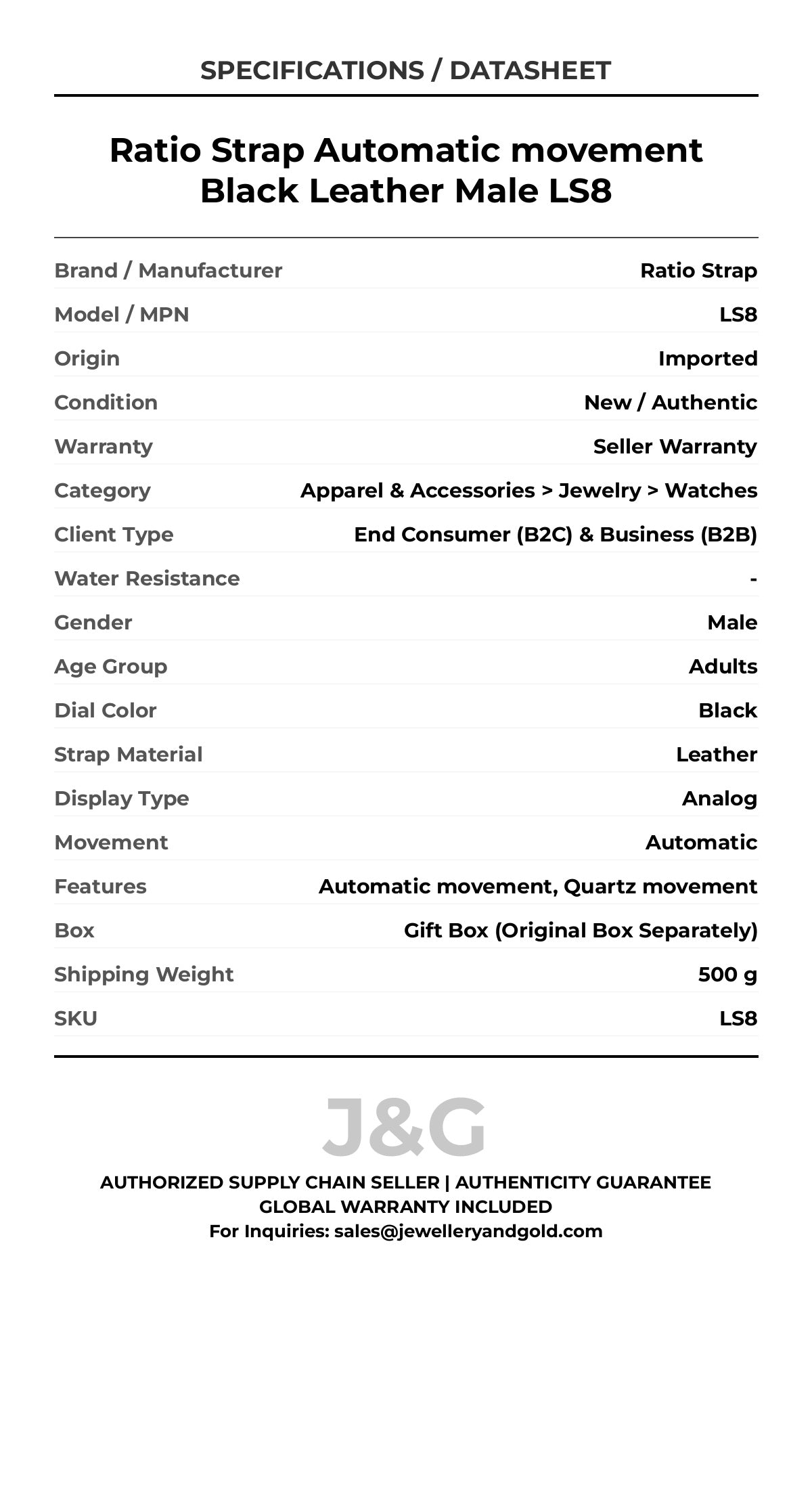 Ratio Strap Automatic movement Black Leather Male LS8 - Specifications