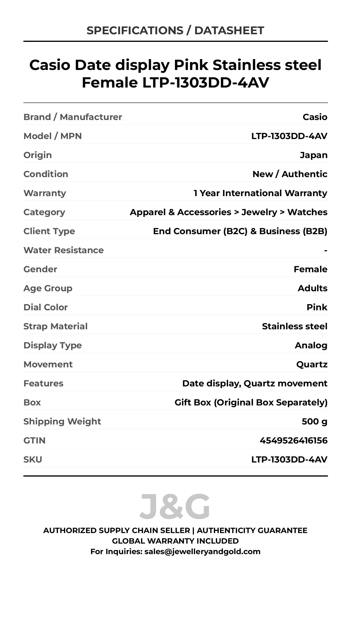 Casio Date display Pink Stainless steel Female LTP-1303DD-4AV - Specifications