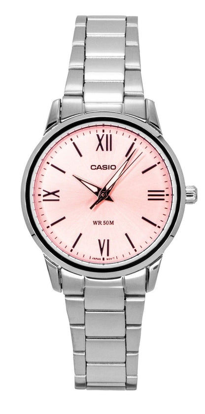 Casio Date display Pink Stainless steel Female LTP-1303DD-4AV. A brand-new Casio watch featuring a Pink dial and a Stainless steel strap. Front view.