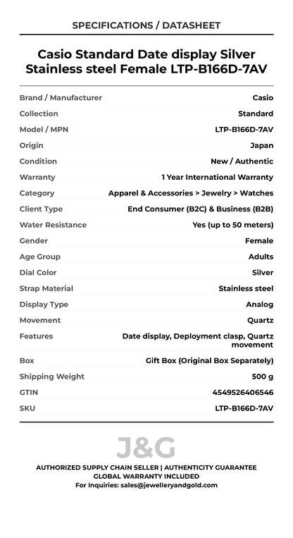 Casio Standard Date display Silver Stainless steel Female LTP-B166D-7AV - Specifications