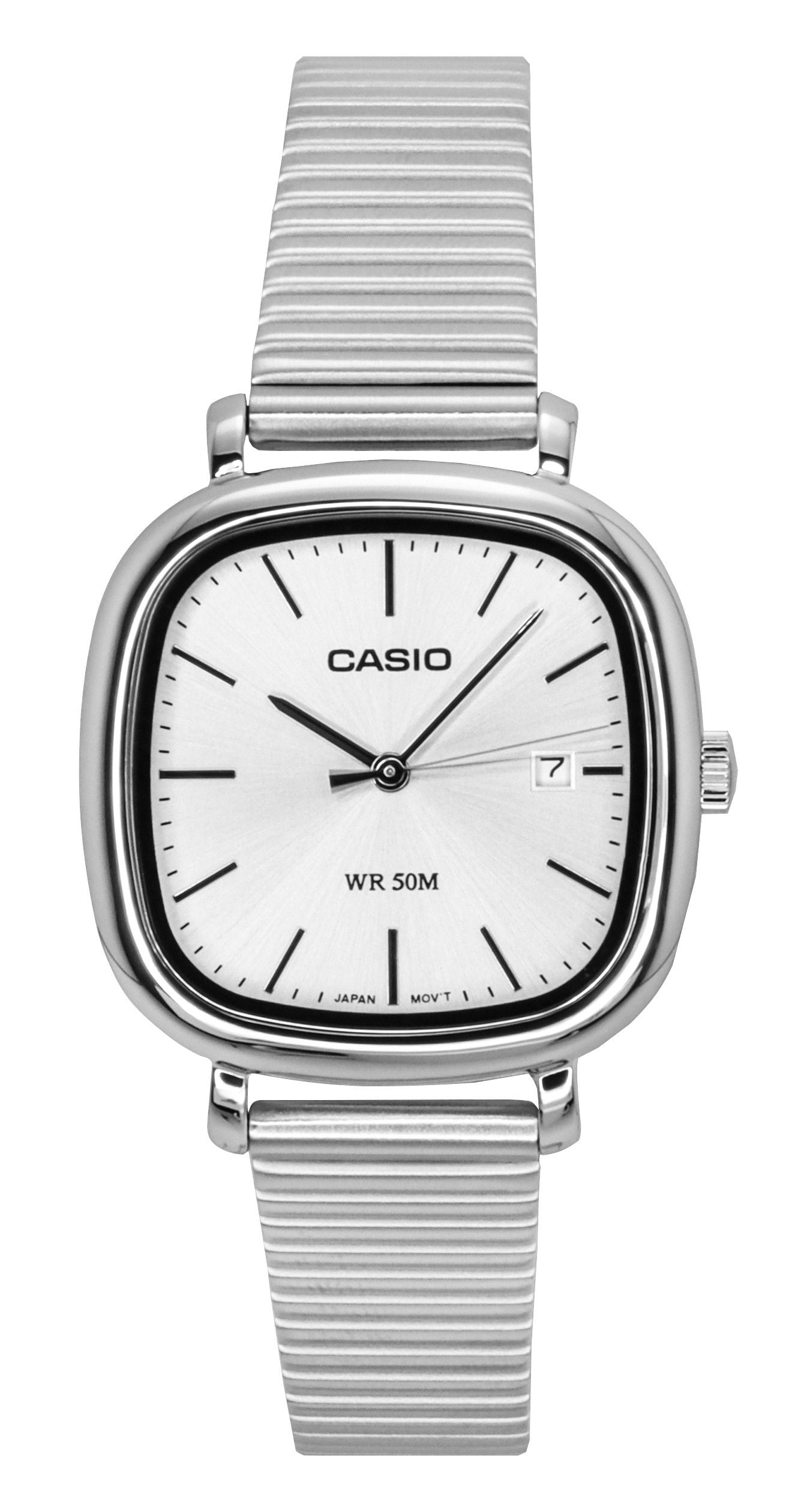 Casio Standard Date display Silver Stainless steel Female LTP-B166D-7AV. A brand-new Casio Standard watch featuring a Silver dial and a Stainless steel strap. Angled view.