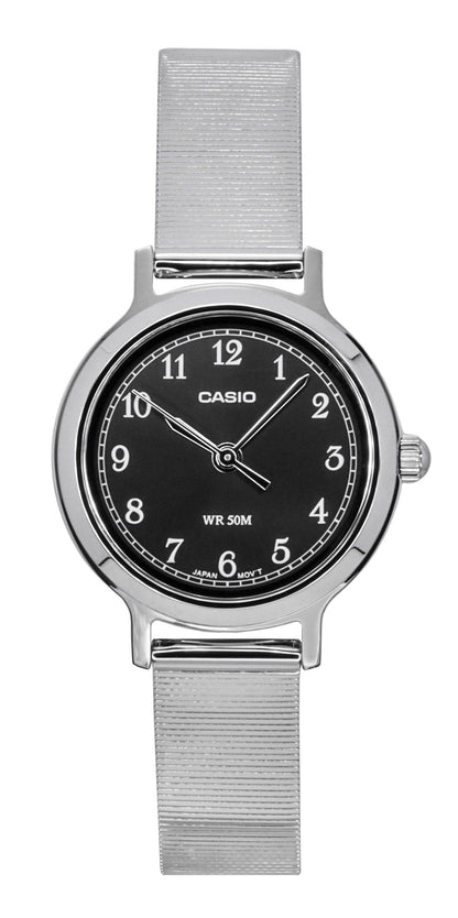 Casio Standard Deployment clasp Black Stainless steel Female LTP-B170D-1BV. A brand-new Casio Standard watch featuring a Black dial and a Stainless steel strap. Front view.