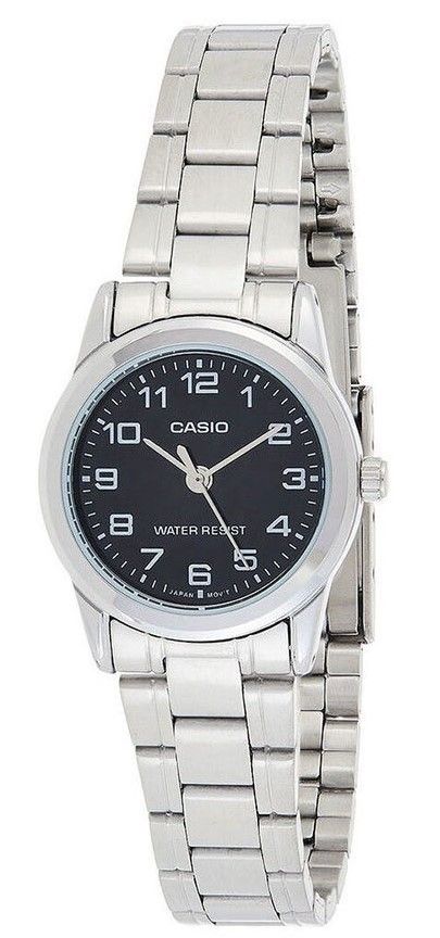Casio Quartz movement White Stainless steel Female LTP-V001D-1B. A brand-new Casio watch featuring a White dial and a Stainless steel strap. Angled view.