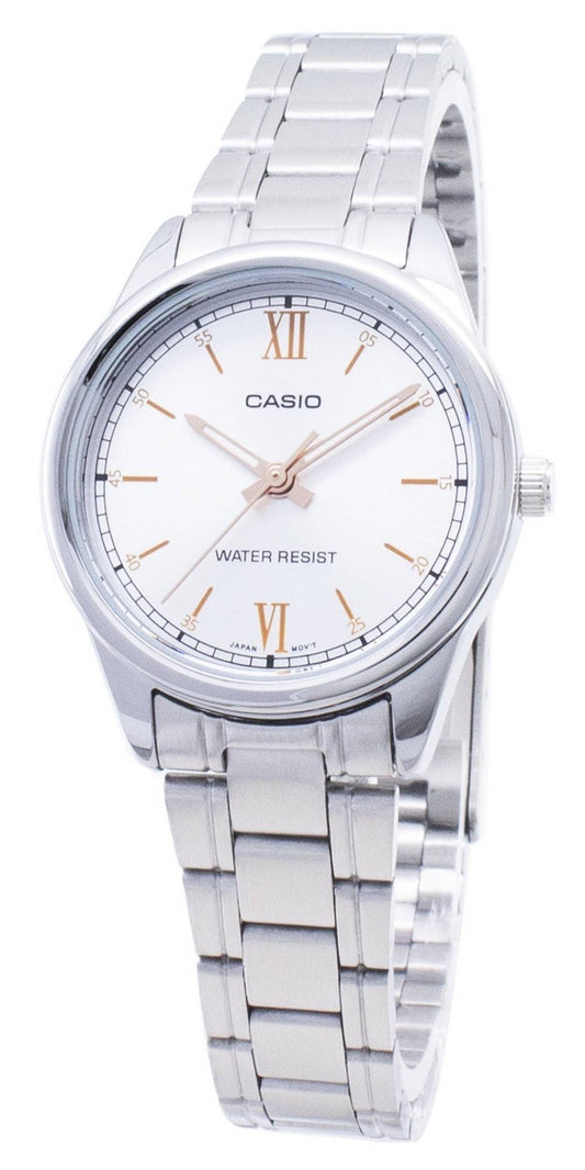 Casio Deployment clasp White Stainless steel Female LTP-V005D-7B2. A brand-new Casio watch featuring a White dial and a Stainless steel strap. Side view.
