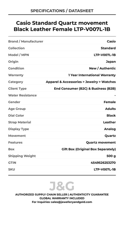 Casio Standard Quartz movement Black Leather Female LTP-V007L-1B - Specifications