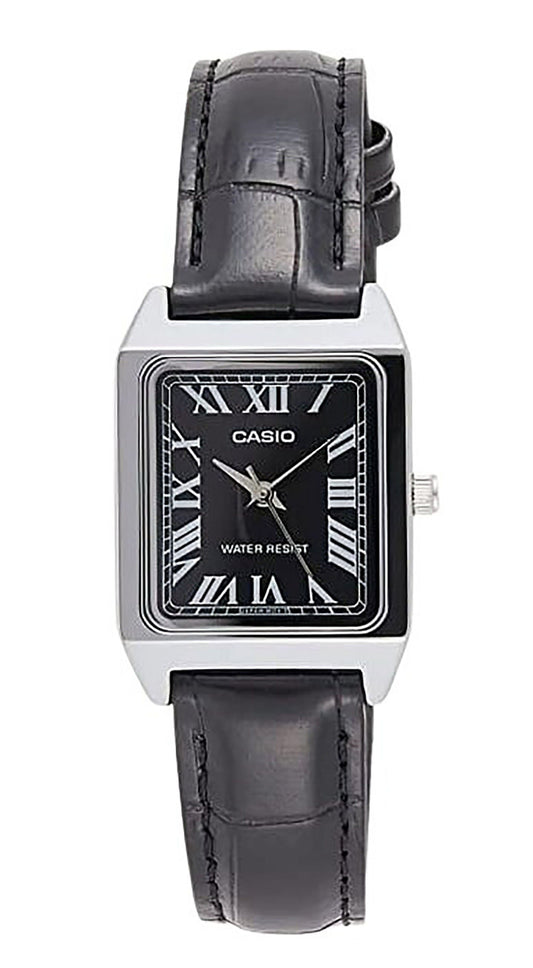 Casio Standard Quartz movement Black Leather Female LTP-V007L-1B. A brand-new Casio Standard watch featuring a Black dial and a Leather strap. Front view.