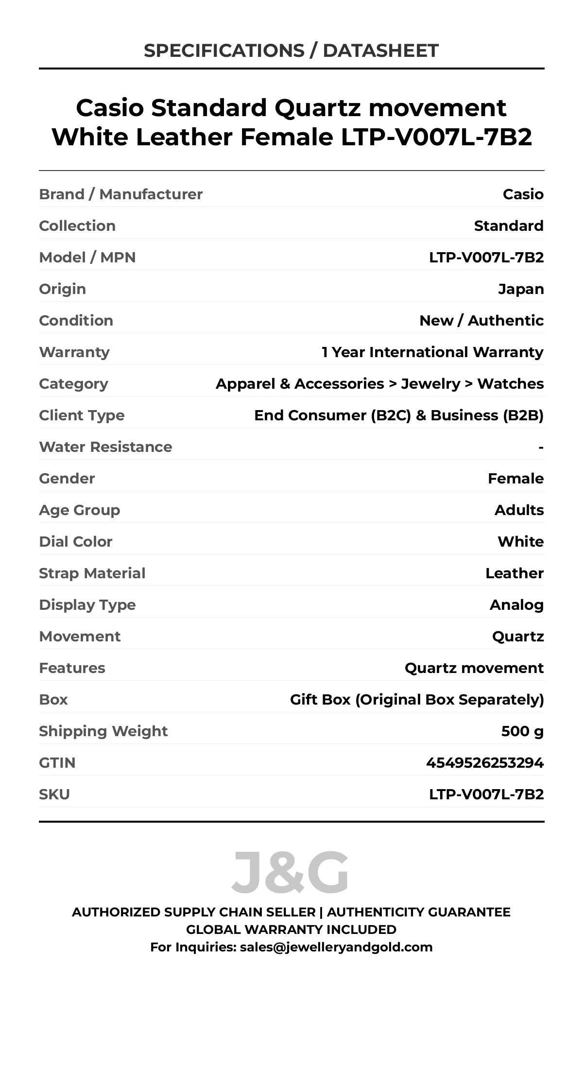 Casio Standard Quartz movement White Leather Female LTP-V007L-7B2 - Specifications