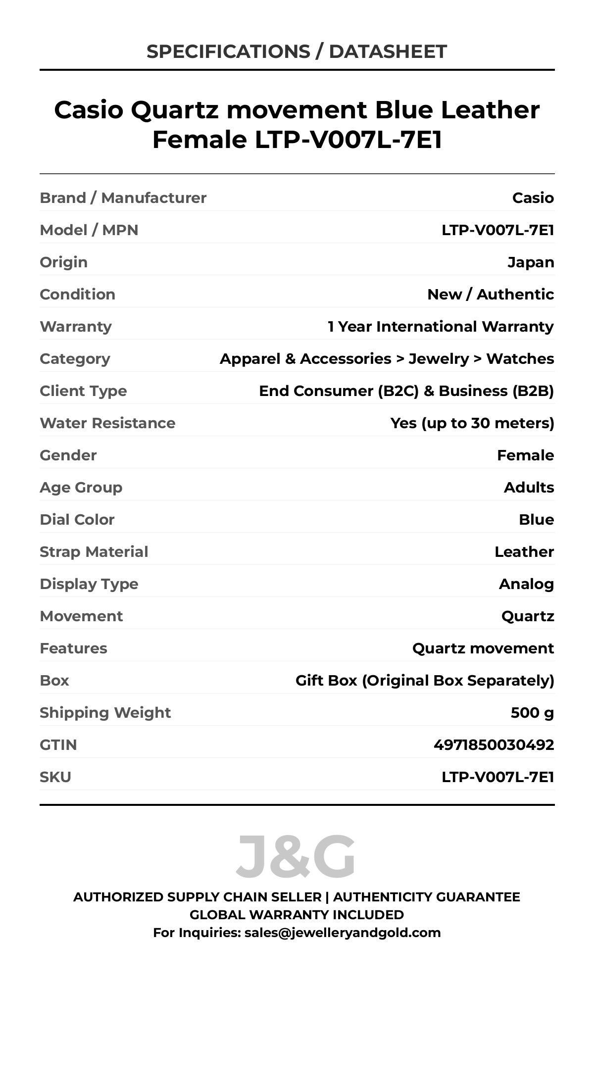 Casio Quartz movement Blue Leather Female LTP-V007L-7E1 - Specifications