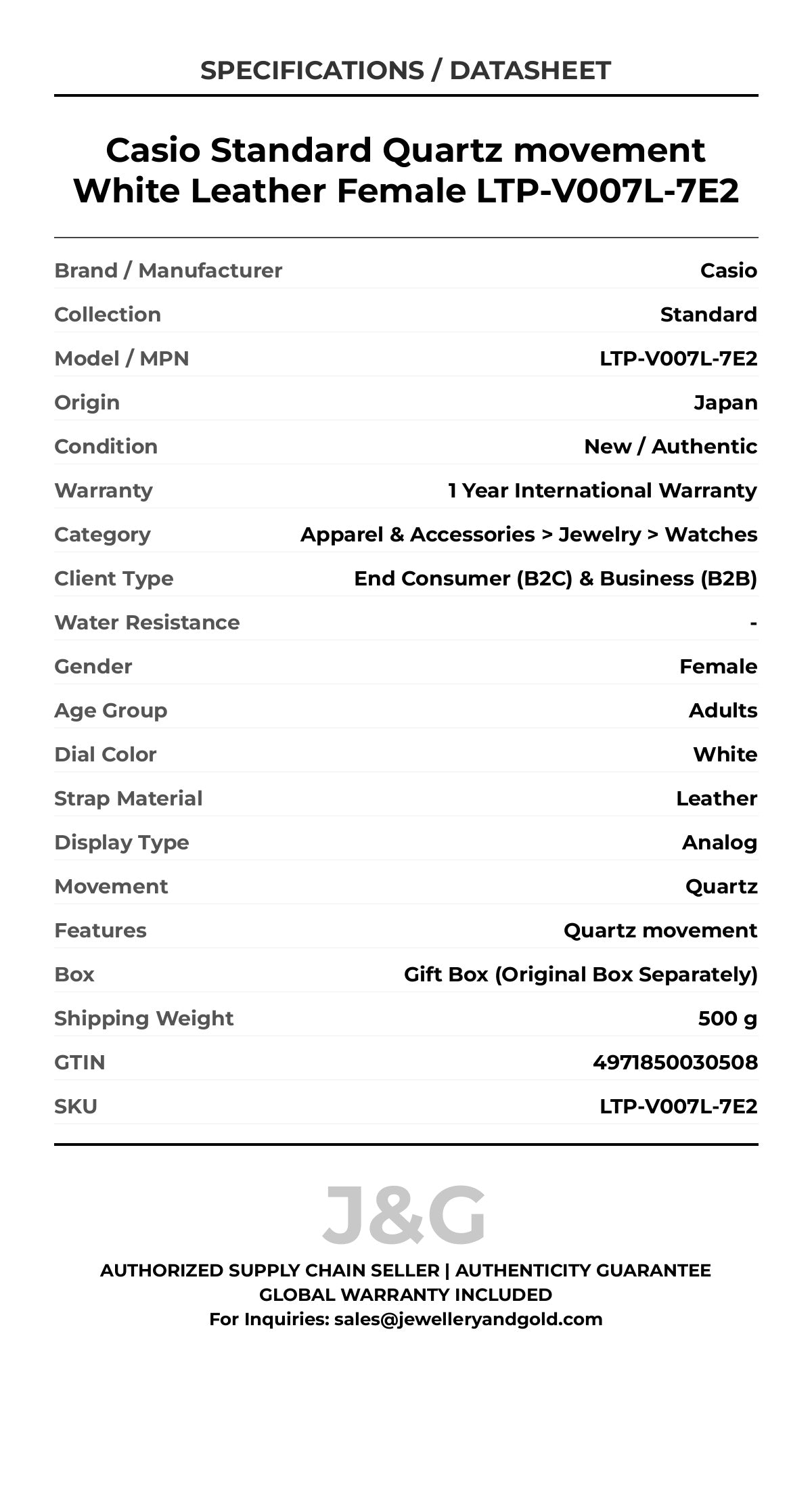 Casio Standard Quartz movement White Leather Female LTP-V007L-7E2 - Specifications