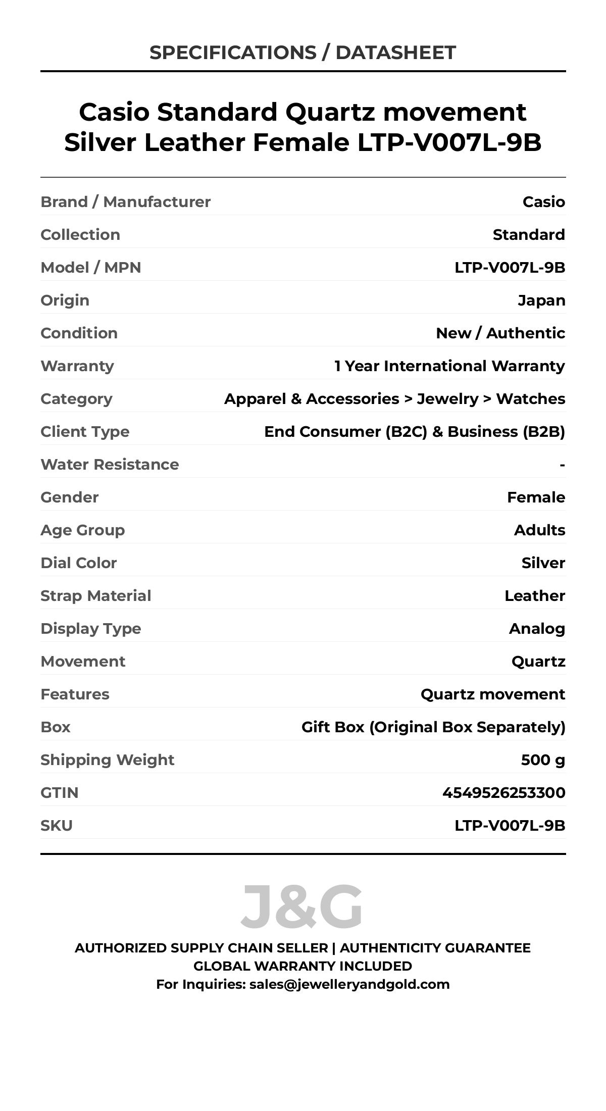 Casio Standard Quartz movement Silver Leather Female LTP-V007L-9B - Specifications