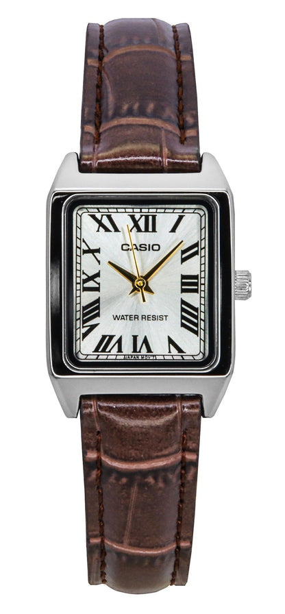 Casio Standard Quartz movement Silver Leather Female LTP-V007L-9B. A brand-new Casio Standard watch featuring a Silver dial and a Leather strap. Front view.