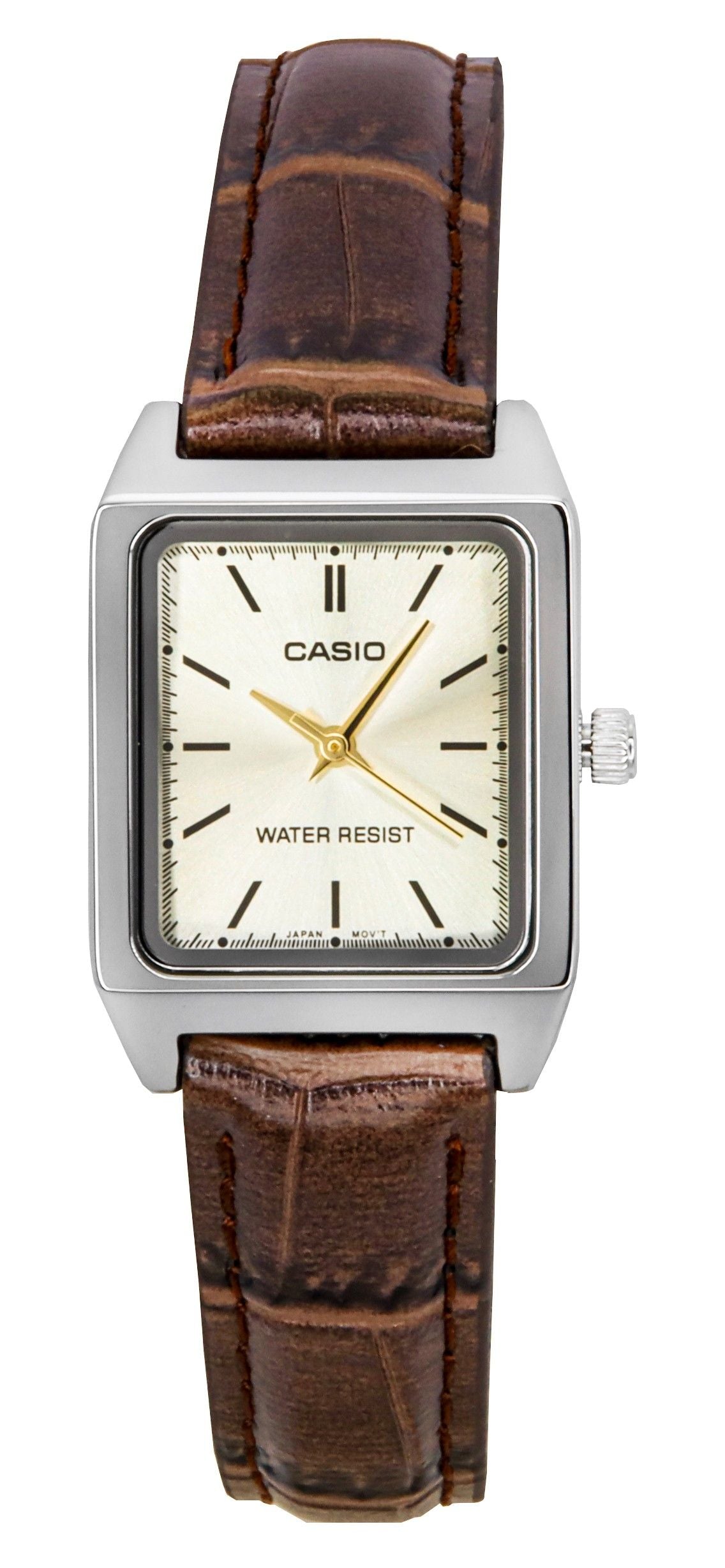 Casio Standard Quartz movement Ivory Leather Female LTP-V007L-9E. A brand-new Casio Standard watch featuring a Ivory dial and a Leather strap. Side view.