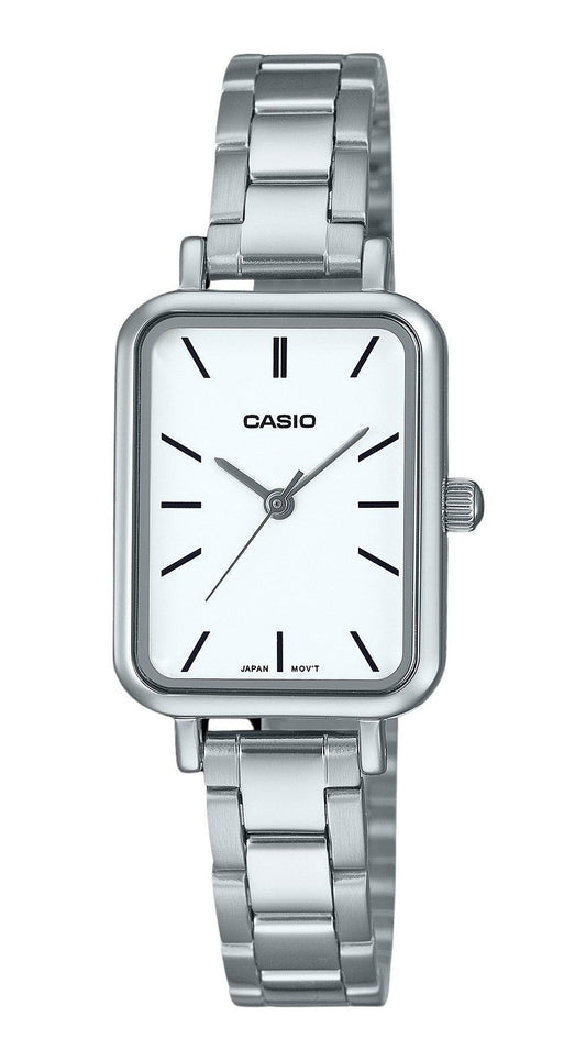 Casio Standard Quartz movement White Stainless steel Female LTP-V009D-7E. A brand-new Casio Standard watch featuring a White dial and a Stainless steel strap. Side view.