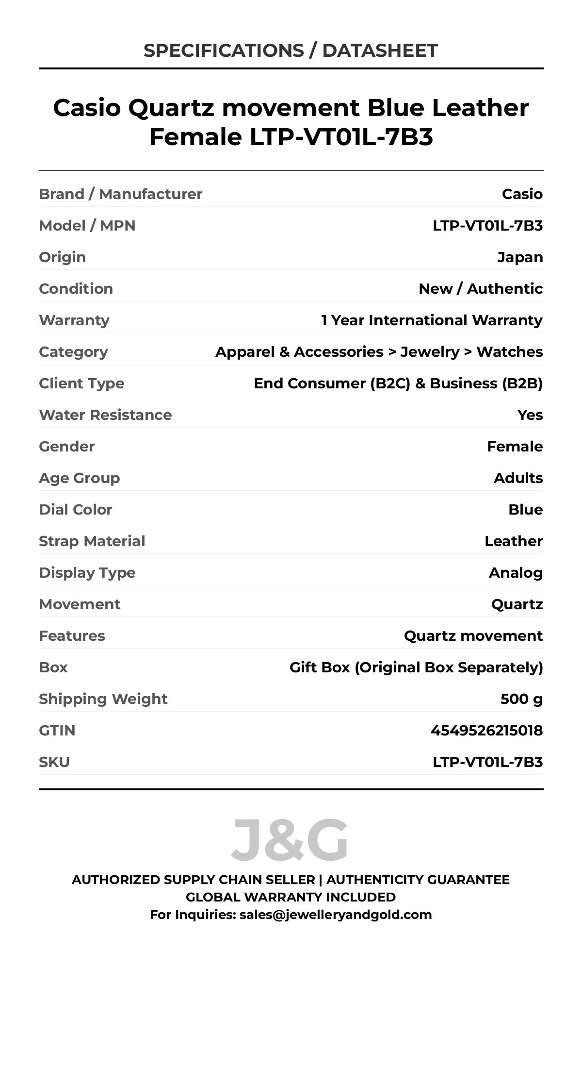 Casio Quartz movement Blue Leather Female LTP-VT01L-7B3 - Specifications