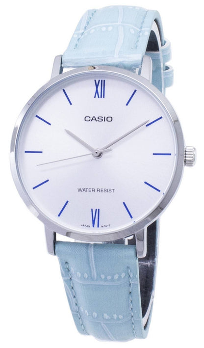 Casio Quartz movement Blue Leather Female LTP-VT01L-7B3. A brand-new Casio watch featuring a Blue dial and a Leather strap. Front view.